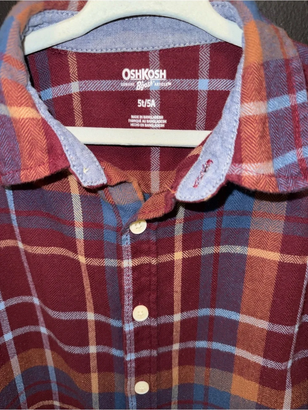 OshKosh B'gosh Maroon Plaid Button-Down Shirt with Orange and Blue Accents